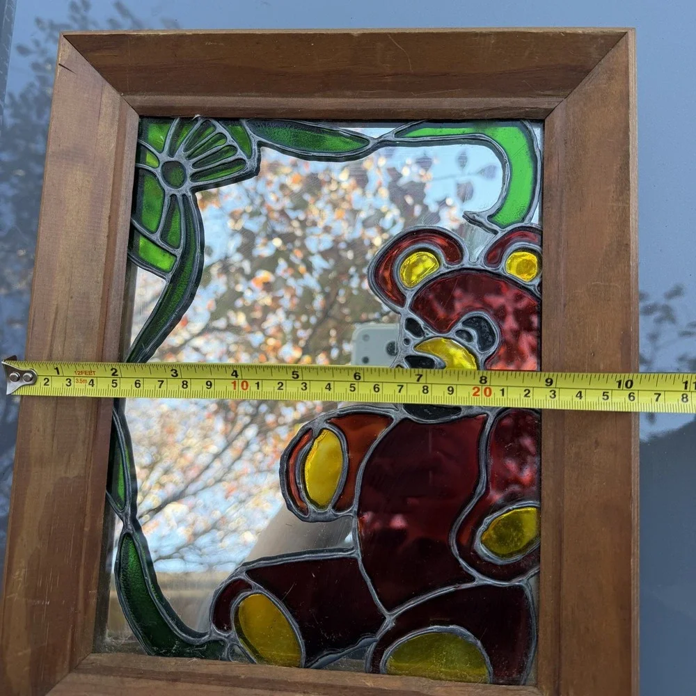 Charming VTG Stained Glass Teddy Bear Mirror Wooden Frame Wall‎ Decor Art Baby